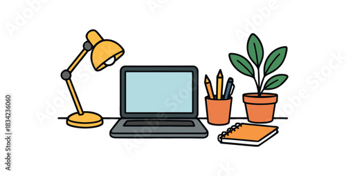 Home decor flat vector illustration collection of cute interior icons study desk: laptop lamp pen cup notebook plant arranged horizontal composition handdrawn outlines bright color palette