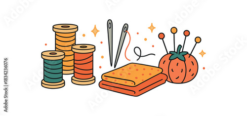 Home decor flat vector illustration collection of cute interior icons sewing corner: thread spools needles fabric pin cushion sparkles arranged horizontal composition handdrawn outlines