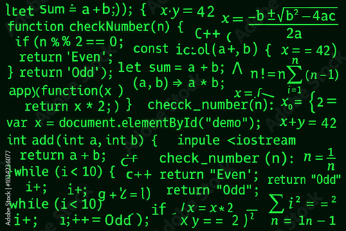 collage with programming language codes in green on a black background