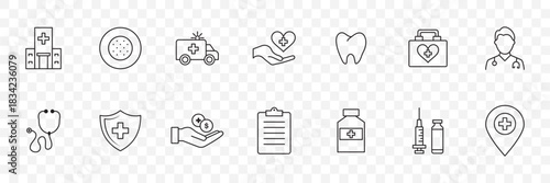 Healthcare related line icon set.  Medicine and Health Care symbols.  Hospital Building, Doctor, Medical Hands, Ambulance, Shield, Clipboard, First Aid Box and Heart Monitor, Editable Stroke.