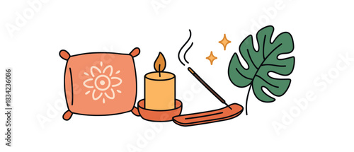 Home decor flat vector illustration collection of cute interior icons mindfulness spot: cushion candle incense holder leaf sparkles arranged horizontal composition handdrawn outlines bright