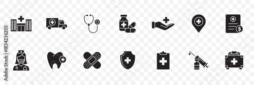 “Medical & Healthcare Icon Set with Hospital, Report, Doctor, Dental, Syringe, Medicine Bottle, Shield, Location Marker, Stethoscope, First Aid Kit, Bandage, Ambulance, Clipboard and Healing Hands”