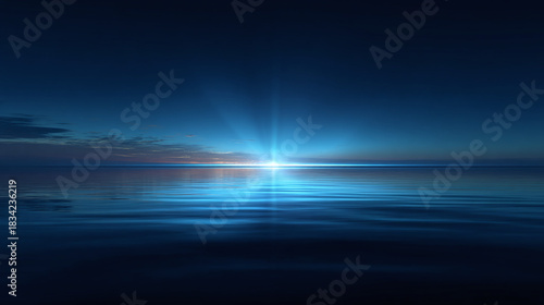 A radiant celestial dawn over tranquil waters, bathed in cool hues. The sky is a mix of dark and light, with the sun rising above the horizon