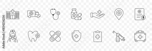Healthcare related line icon set.  Medicine and Health Care symbols.  Hospital Building, Doctor, Medical Hands, Ambulance, Shield, Clipboard, First Aid Box and Heart Monitor, Editable Stroke.