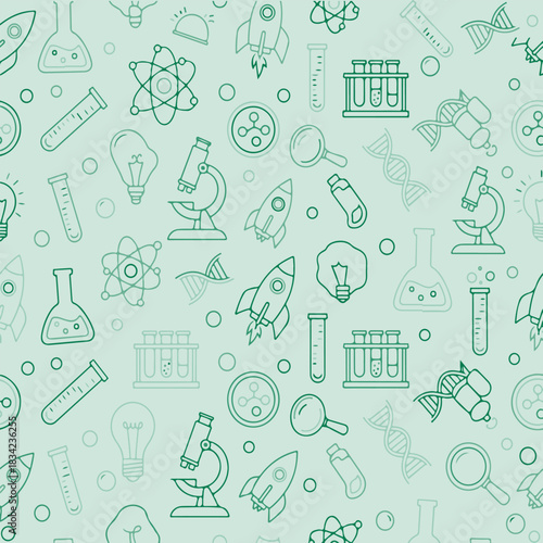 Science & Laboratory Line Art Seamless Pattern – Microscope, DNA, Rocket, Test Tubes, STEM Icon Background