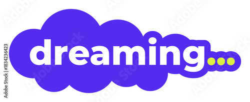 Purple cloud shaped Dreaming text sticker with cute aesthetic style for sleep or imagination theme design