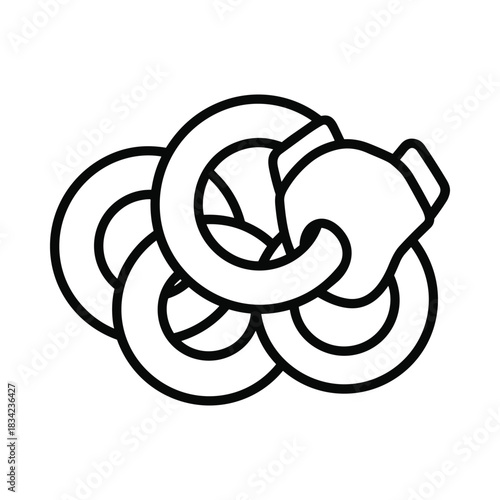 Hand holding a tangled pile of pretzels in a simple line art illustration