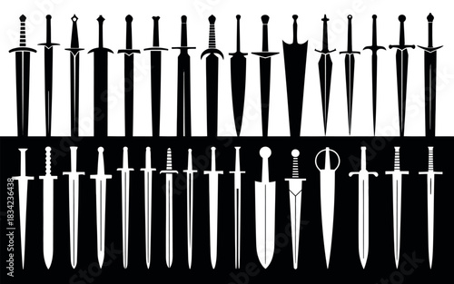 Collection of diverse medieval swords and fantasy blades silhouettes