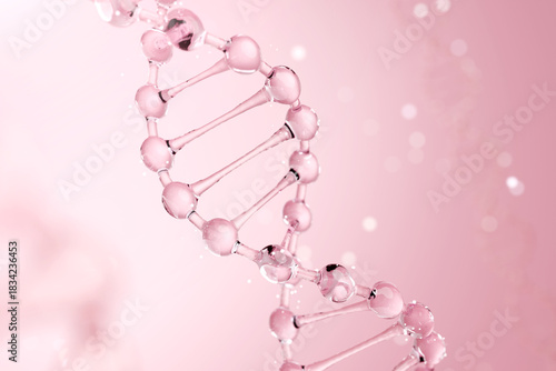 Abstract pink DNA strand with glowing particles for PDRN cosmetic skin care background. 3D render