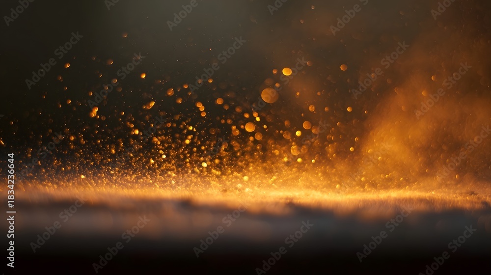 Naklejka premium Abstract glowing particles and bokeh lights illuminated by warm golden hour light against a dark atmospheric background