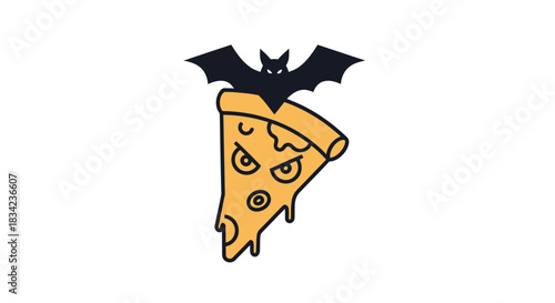 Angry monster pizza slice with glowing eyes and a black bat on top.