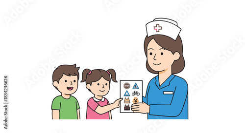 Nurse showing medical icons to children in a cartoon illustration.