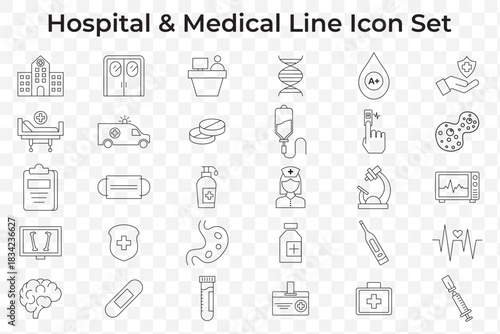 Set of line icons related to healthcare, doctor, medicine, nurse, health, hospital. Outline icons collection. Vector illustration