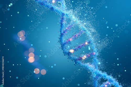 Abstract DNA double helix structure with blue glowing particles scattering for science concept. 3D rendering