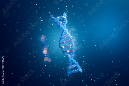 Bild auf Leinwand Abstract blue DNA double helix structure with glowing particles scattering for medical science background