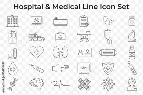 Medical editable stroke outline Icons set. Hospital, patient, medicine, pharmacy, nurse, prescription and medical report. Vector illustration.