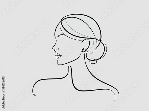 Elegant single line drawing of a woman s profile with hair styled up