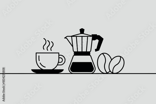 Minimalist illustration of coffee cup moka pot and beans on grey background