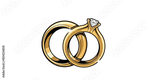 Two Intertwined Gold Wedding Rings with Diamond Engagement Ring.