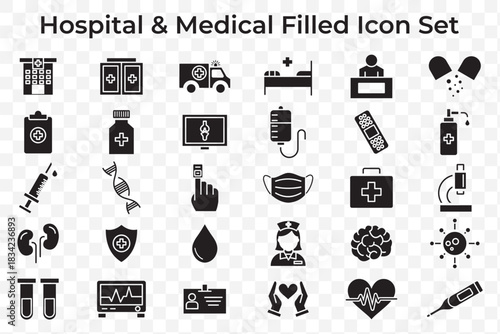 Medical icon set. Containing doctor, medicine, hospital, treatment, healthcare, nurse, pills, clinic and more. Solid vector icons collection.