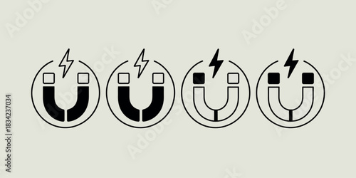 Four horseshoe magnets with lightning bolts symbolizing power and attraction