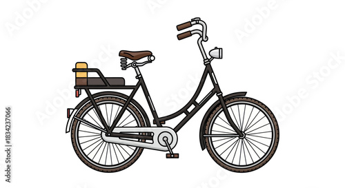 Classic Black Bicycle with Rear Basket and Bread Illustration.