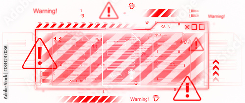 Red warning signs and digital interface elements with binary code over white background, illustrating a cybersecurity alert or data breach concept