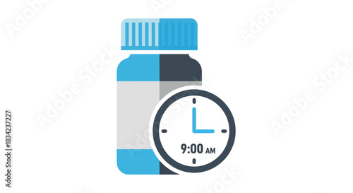 Medicine Bottle with Clock Indicating 9:00 AM Reminder for Medication Time.