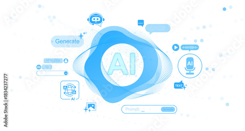 Abstract AI technology generation concept with blue wave elements, chatbot icons, and digital content symbols on white background, symbolizing innovation