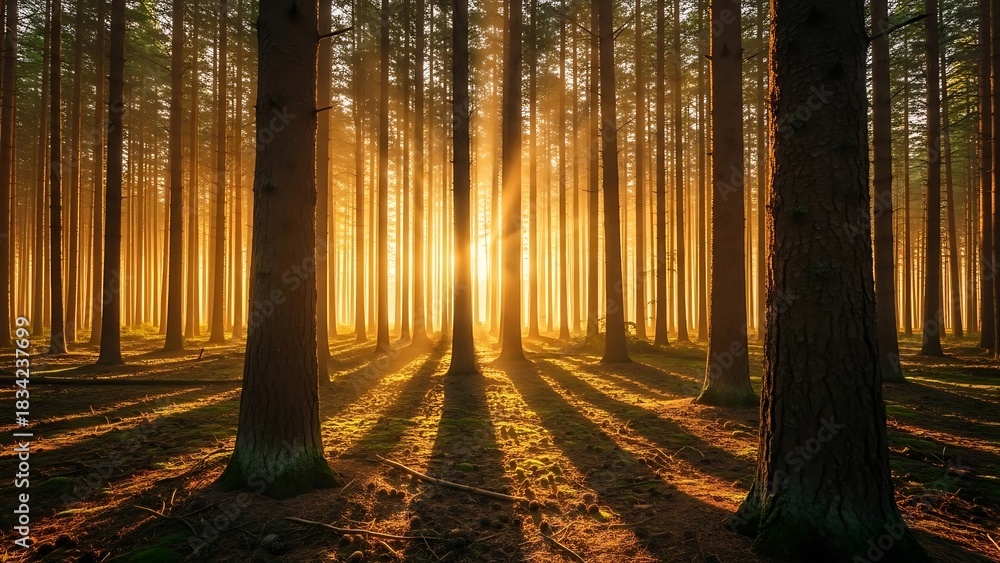 Obraz premium Radiant Golden Sunbeams Pierce Through Serene Pine Forest Casting Long Dramatic Shadows on Mossy Floor.