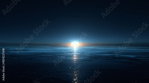 A radiant sunrise casting a golden glow over a vast expanse of water. The sunlight reflecting beautifully on the tranquil surface