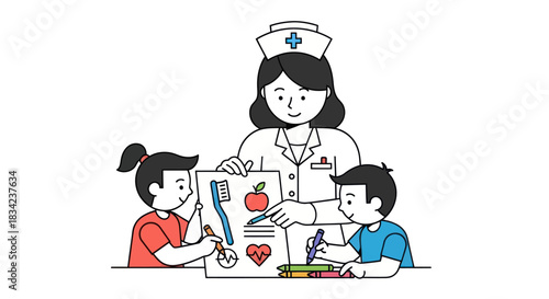 Nurse teaching children about healthy habits with educational poster.