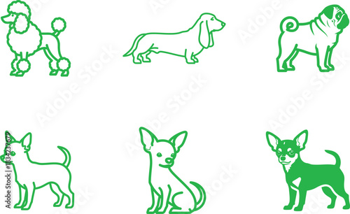 Collection of green dog breed line art illustrations showcasing different canine varieties poodle dachshund pug chihuahua in a simple and modern style perfect for logo design