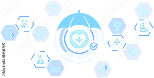 Healthcare coverage icons under a blue umbrella, medical symbols in hexagons, modern flat design on isolated white background, concept of health insurance