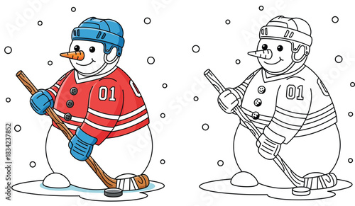 Coloring book page and colored example of snowman playing ice hockey; cute cartoon character wearing helmet and holding stick; vector illustration for winter sport activity