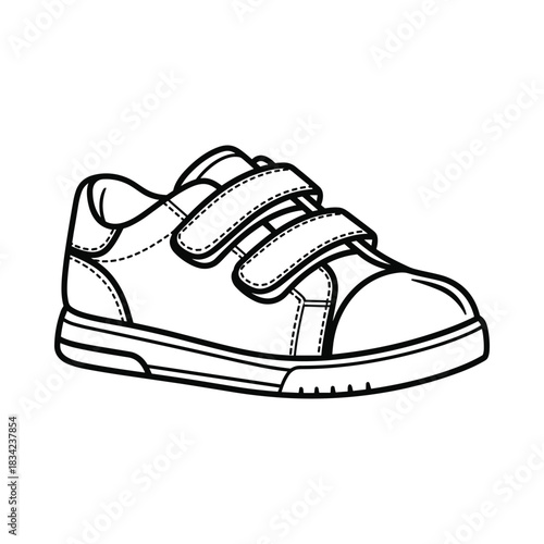 Simple line drawing of a child s sneaker with hook and loop fasteners