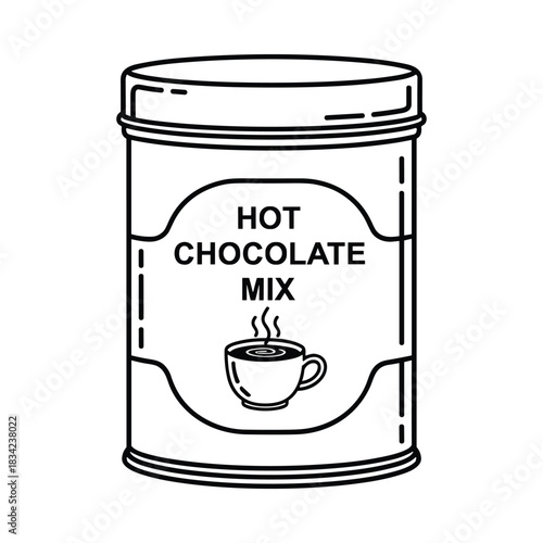 Line art illustration of a tin can filled with hot chocolate mix and a steaming cup