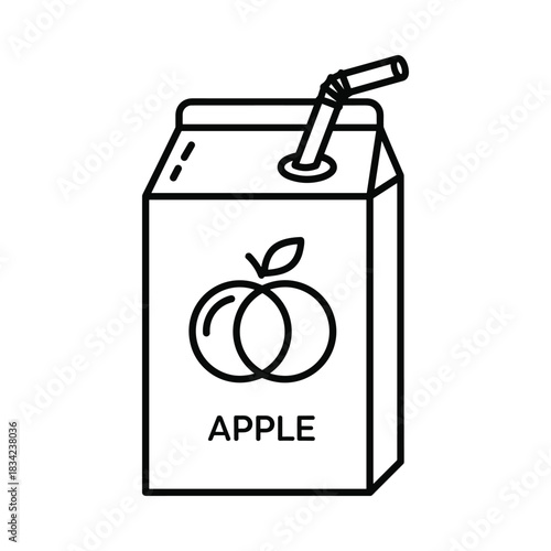 Simple outline drawing of an apple juice box with a straw and apple icon