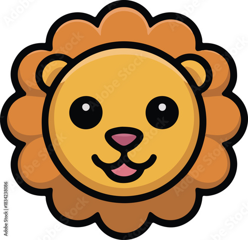 Cartoon lion head vector icon with a friendly expression and orange mane on a black background