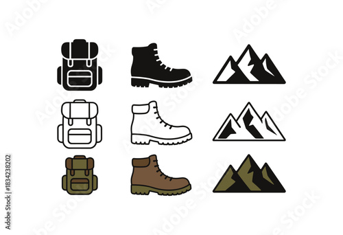 hiking icons three backpack boot and mountain silhouettes one flat solid monochrome one thin black outline black and white one full color flat icon brown and olive