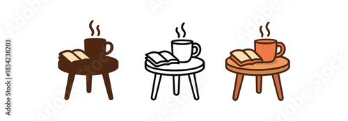 cozy tea corner icons three tea table with cup and book icons one flat solid monochrome one thin black outline black and white one full color flat icon cozy warm palette