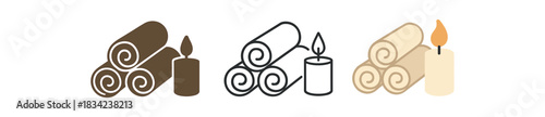 self care spa icons three towel roll and candle grouped icons one flat solid monochrome one thin black outline black and white one full color flat icon white and beige