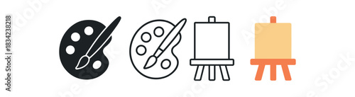 art painting icons three palette brush and easel silhouettes one flat solid monochrome one thin black outline black and white one full color flat icon coral and