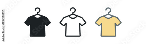 getting dressed icons three small hanger with t shirt silhouette icons one flat solid monochrome one thin black outline black and white one full color flat icon pastel clothing colors