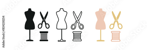fashion design icons three mannequin scissors and spool silhouettes one flat solid monochrome one thin black outline black and white one full color flat icon blush and gold