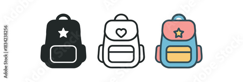 school backpack icons three backpack silhouettes with small or heart patch one flat solid monochrome one thin black outline black and white one full color flat icon soft bright colors