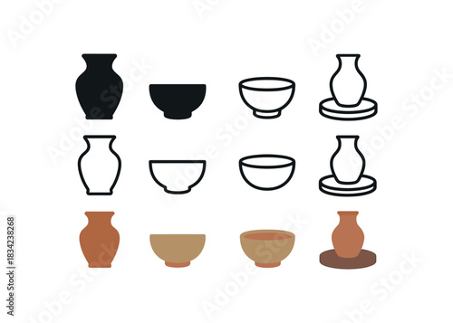 pottery icons three clay vase bowl and wheel silhouettes one flat solid monochrome one thin black outline black and white one full color flat icon earthy ceramic tones