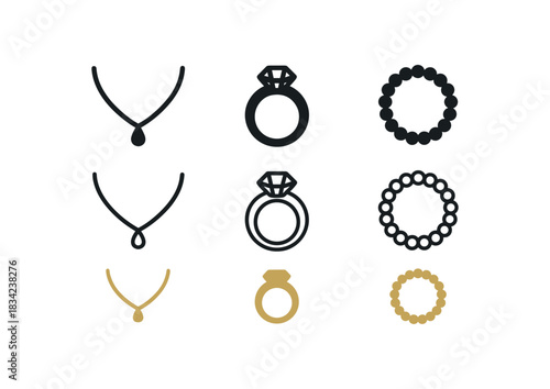 jewelry craft icons three necklace ring and bead silhouettes one flat solid monochrome one thin black outline black and white one full color flat icon gold and neutral palette