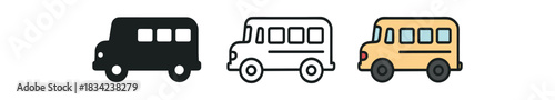 school bus icons three cute bus side view icons with simple one flat solid monochrome one thin black outline black and white one full color flat icon gentle