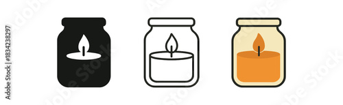 candle making icons three jar wax and flame silhouettes one flat solid monochrome one thin black outline black and white one full color flat icon ivory and amber